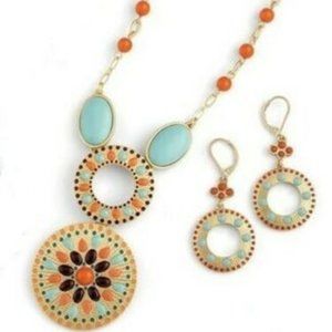 NECKLACE & EARRING SET Gold Toned Orange & Blue Stones 20"